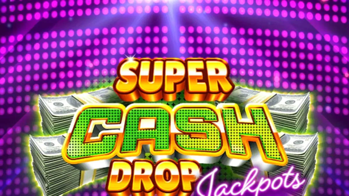 Tampilan visual slot Super Cash Drop Jackpots dengan tema brankas neon dan simbol uang.
