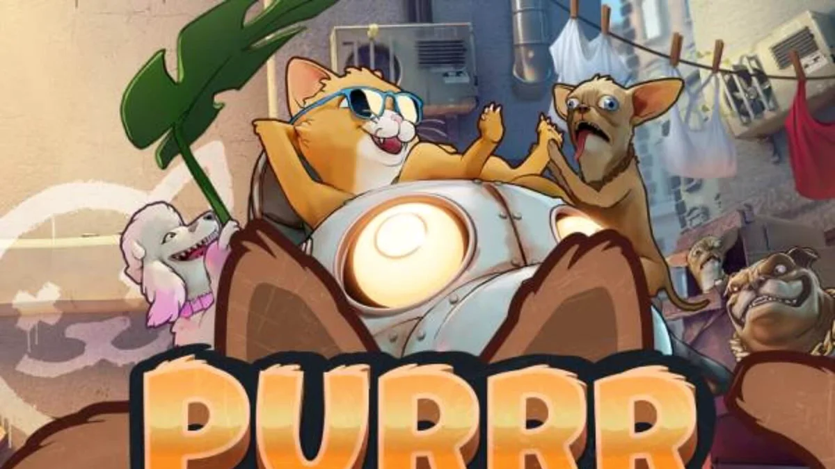 Tampilan visual futuristik dan grimy dari slot Purrrminator Dream Drop